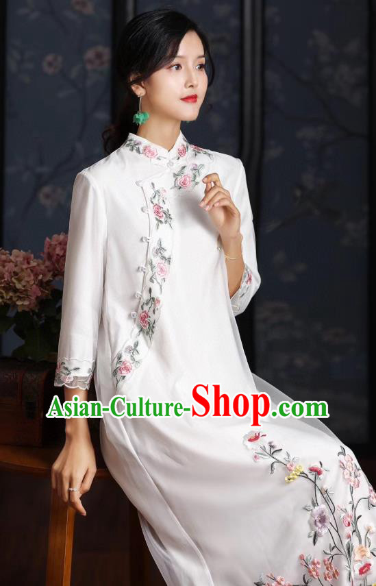 Chinese Traditional Women Cheongsam National Classical Embroidered White Organza Qipao Dress Chinese Traditional Women Cheongsam National Classical Embroidered White Organza Qipao Dress