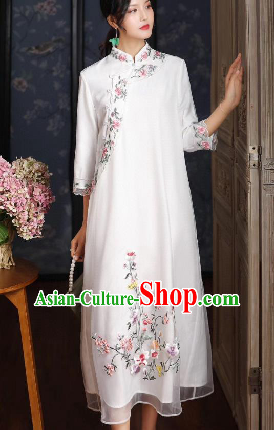 Chinese Traditional Women Cheongsam National Classical Embroidered White Organza Qipao Dress Chinese Traditional Women Cheongsam National Classical Embroidered White Organza Qipao Dress