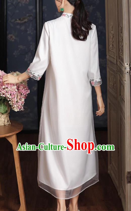 Chinese Traditional Women Cheongsam National Classical Embroidered White Organza Qipao Dress Chinese Traditional Women Cheongsam National Classical Embroidered White Organza Qipao Dress