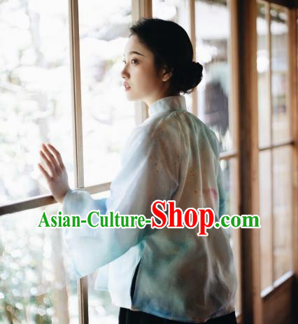 China Tang Suit Blouse Clothing Classical Printing Blue Organza Shirt Cheongsam Upper Outer Garment China Tang Suit Blouse Clothing Classical Printing Blue Organza Shirt Cheongsam Upper Outer Garment