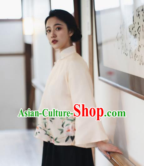 China Classical Printing Camellia Beige Organza Shirt Cheongsam Upper Outer Garment Tang Suit Blouse China Classical Printing Camellia Beige Organza Shirt Cheongsam Upper Outer Garment Tang Suit Blouse