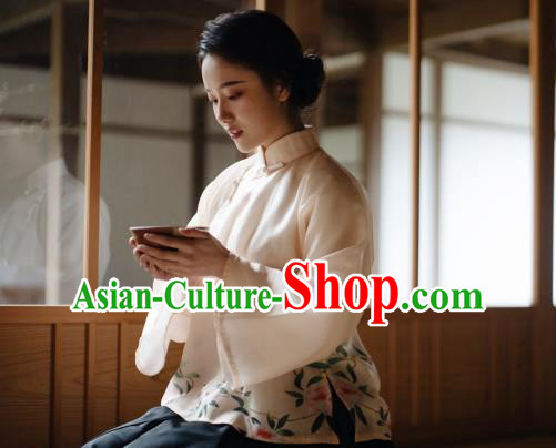 China Classical Printing Camellia Beige Organza Shirt Cheongsam Upper Outer Garment Tang Suit Blouse China Classical Printing Camellia Beige Organza Shirt Cheongsam Upper Outer Garment Tang Suit Blouse