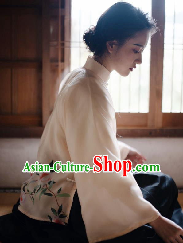 China Classical Printing Camellia Beige Organza Shirt Cheongsam Upper Outer Garment Tang Suit Blouse China Classical Printing Camellia Beige Organza Shirt Cheongsam Upper Outer Garment Tang Suit Blouse