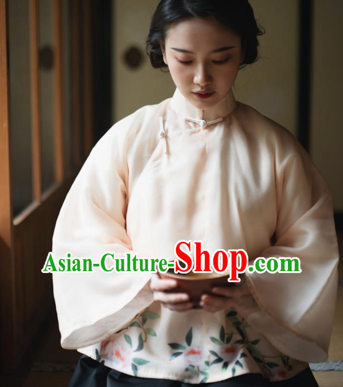 China Classical Printing Camellia Beige Organza Shirt Cheongsam Upper Outer Garment Tang Suit Blouse China Classical Printing Camellia Beige Organza Shirt Cheongsam Upper Outer Garment Tang Suit Blouse