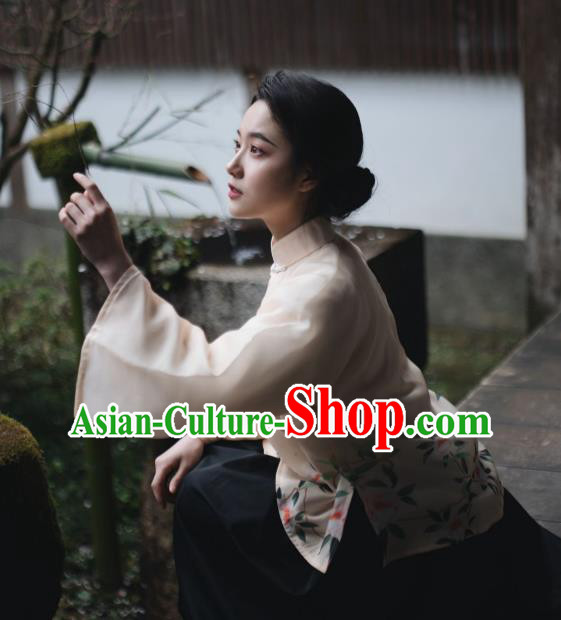 China Classical Printing Camellia Beige Organza Shirt Cheongsam Upper Outer Garment Tang Suit Blouse China Classical Printing Camellia Beige Organza Shirt Cheongsam Upper Outer Garment Tang Suit Blouse