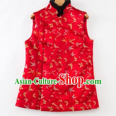 Chinese National Women Clothing Tang Suit Winter Red Waistcoat Classical Butterfly Pattern Vest