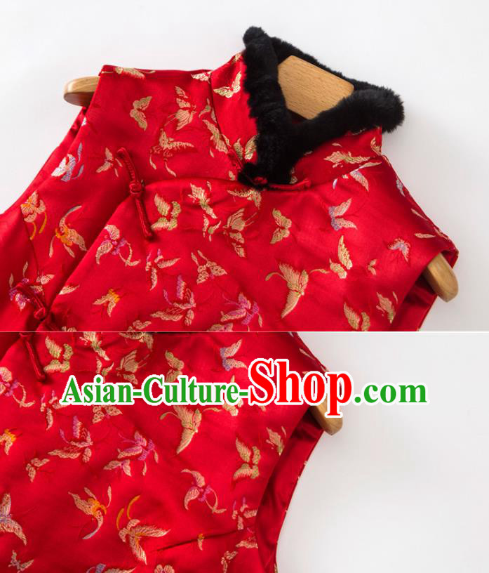 Chinese National Women Clothing Tang Suit Winter Red Waistcoat Classical Butterfly Pattern Vest Chinese National Women Clothing Tang Suit Winter Red Waistcoat Classical Butterfly Pattern Vest