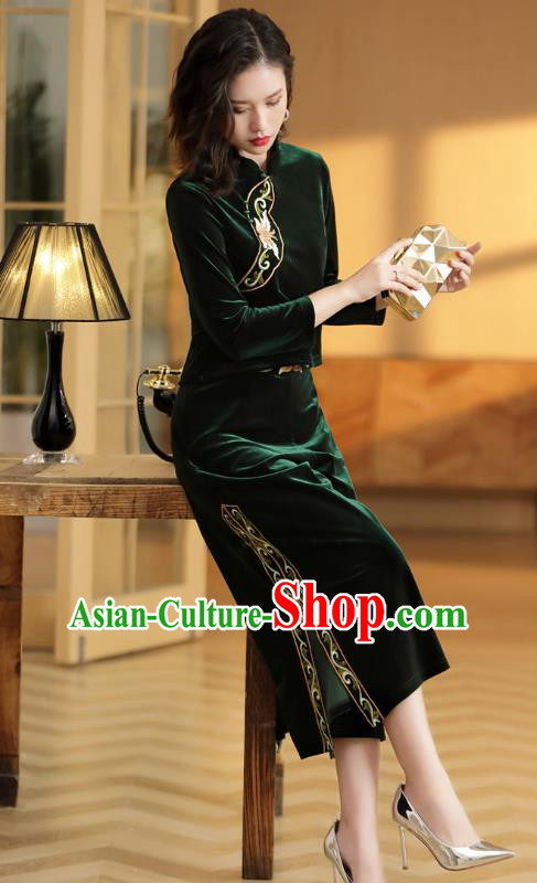 Chinese National Classical Embroidered Green Velvet Blouse and Skirt Traditional Women Tang Suit Clothing Chinese National Classical Embroidered Green Velvet Blouse and Skirt Traditional Women Tang Suit Clothing