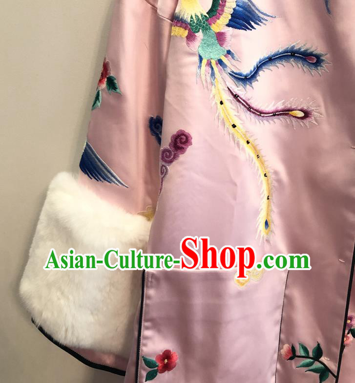 China Woman Outer Garment Winter Pink Silk Coat Traditional Embroidered Phoenix Peony Dust Coat China Woman Outer Garment Winter Pink Silk Coat Traditional Embroidered Phoenix Peony Dust Coat