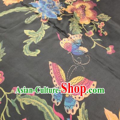 China Traditional Gambiered Guangdong Gauze Classical Flowers Butterfly Pattern Black Silk Fabric