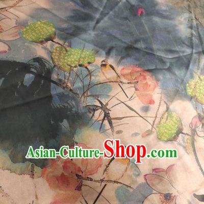 China Traditional Ink Painting Lotus Gambiered Guangdong Gauze Cheongsam Satin Fabric Classical Silk Cloth