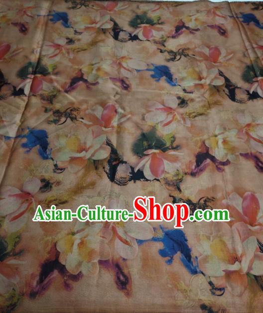China Traditional Mangnolia Pattern Brown Gambiered Guangdong Gauze Cheongsam Fabric Classical Silk Cloth China Traditional Mangnolia Pattern Brown Gambiered Guangdong Gauze Cheongsam Fabric Classical Silk Cloth