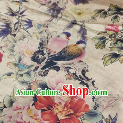 China Traditional Peony Pattern Gambiered Guangdong Gauze Cheongsam Satin Fabric Classical Beige Silk Cloth