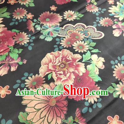 China Cheongsam Gambiered Guangdong Gauze Traditional Silk Fabric Classical Chrysanthemum Pattern Black Satin Cloth