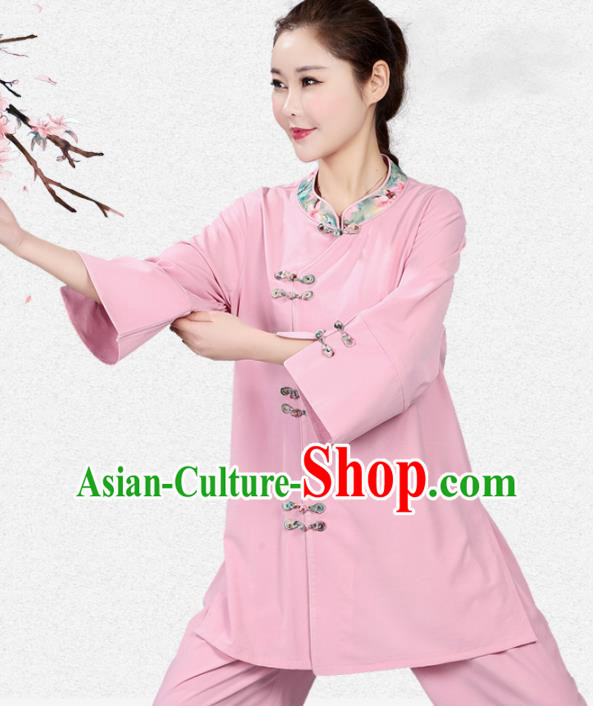 China Martial Arts Competition Pink Flax Uniforms Traditional Women Tai Chi Training Clothing China Martial Arts Competition Pink Flax Uniforms Traditional Women Tai Chi Training Clothing
