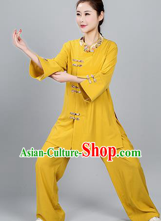China Traditional Women Tai Chi Training Clothing Martial Arts Competition Yellow Flax Uniforms China Traditional Women Tai Chi Training Clothing Martial Arts Competition Yellow Flax Uniforms