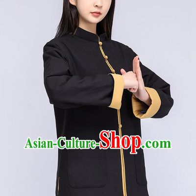 China Traditional Tai Chi Flax Winter Clothing Woman Tang Suit Black Cotton Padded Jacket