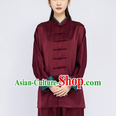 China Woman Martial Arts Dark Red Silk Uniforms Traditional Tai Chi Training Clothing