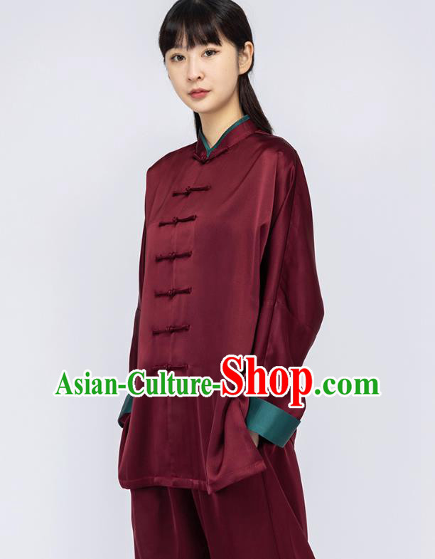 China Woman Martial Arts Dark Red Silk Uniforms Traditional Tai Chi Training Clothing China Woman Martial Arts Dark Red Silk Uniforms Traditional Tai Chi Training Clothing