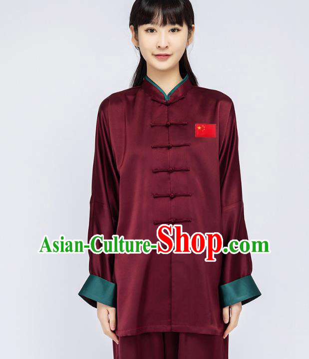 China Woman Martial Arts Dark Red Silk Uniforms Traditional Tai Chi Training Clothing China Woman Martial Arts Dark Red Silk Uniforms Traditional Tai Chi Training Clothing
