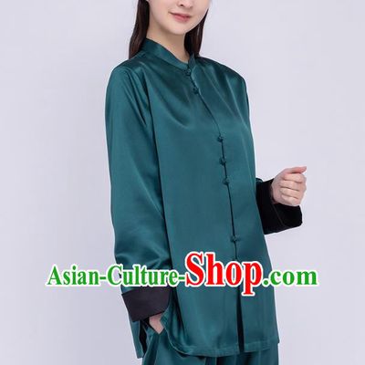 China Woman Martial Arts Competition Atrovirens Silk Uniforms Traditional Tang Suit Costumes