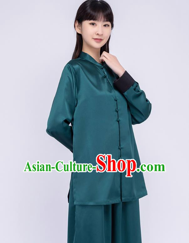 China Woman Martial Arts Competition Atrovirens Silk Uniforms Traditional Tang Suit Costumes China Woman Martial Arts Competition Atrovirens Silk Uniforms Traditional Tang Suit Costumes