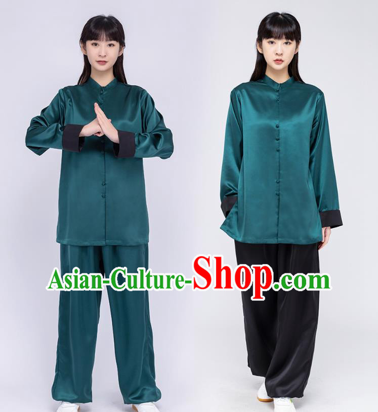 China Woman Martial Arts Competition Atrovirens Silk Uniforms Traditional Tang Suit Costumes China Woman Martial Arts Competition Atrovirens Silk Uniforms Traditional Tang Suit Costumes