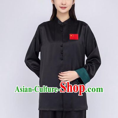 China Traditional Tang Suit Costumes Woman Martial Arts Competition Black Silk Uniforms