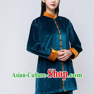 China Traditional Kung Fu Costumes Martial Arts Competition Clothing Woman Tai Chi Training Peacock Blue Pleuche Uniforms