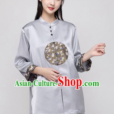 China Tai Chi Exercise Clothing Woman Tang Suit Grey Uniforms Traditional Kung Fu Costumes