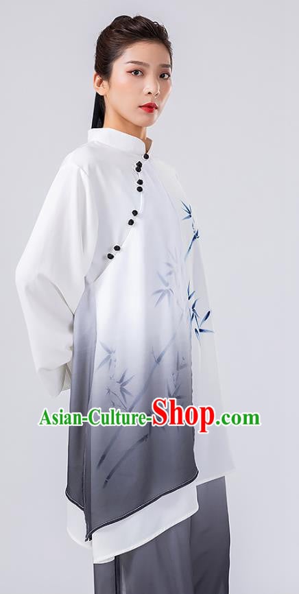 China Traditional Tai Chi Performance Costumes Woman Wushu Hand Painting Bamboo Uniforms China Traditional Tai Chi Performance Costumes Woman Wushu Hand Painting Bamboo Uniforms