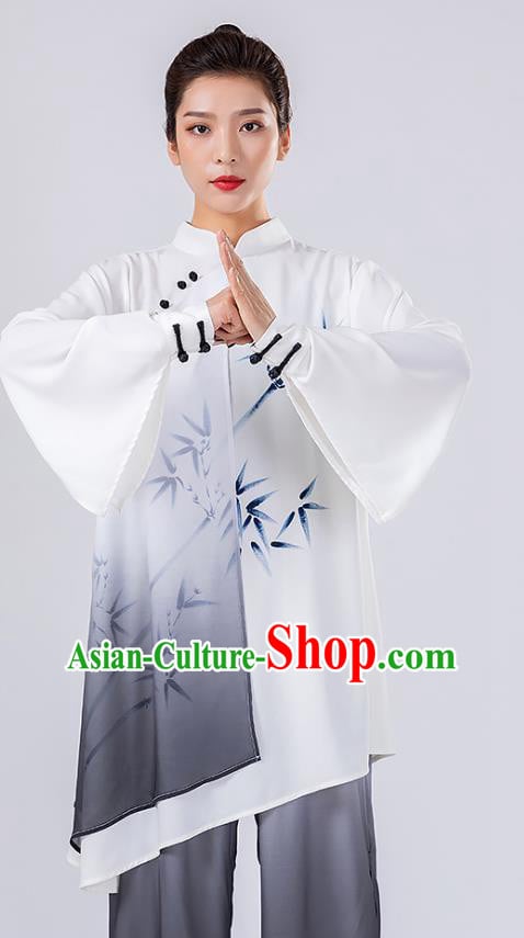 China Traditional Tai Chi Performance Costumes Woman Wushu Hand Painting Bamboo Uniforms China Traditional Tai Chi Performance Costumes Woman Wushu Hand Painting Bamboo Uniforms