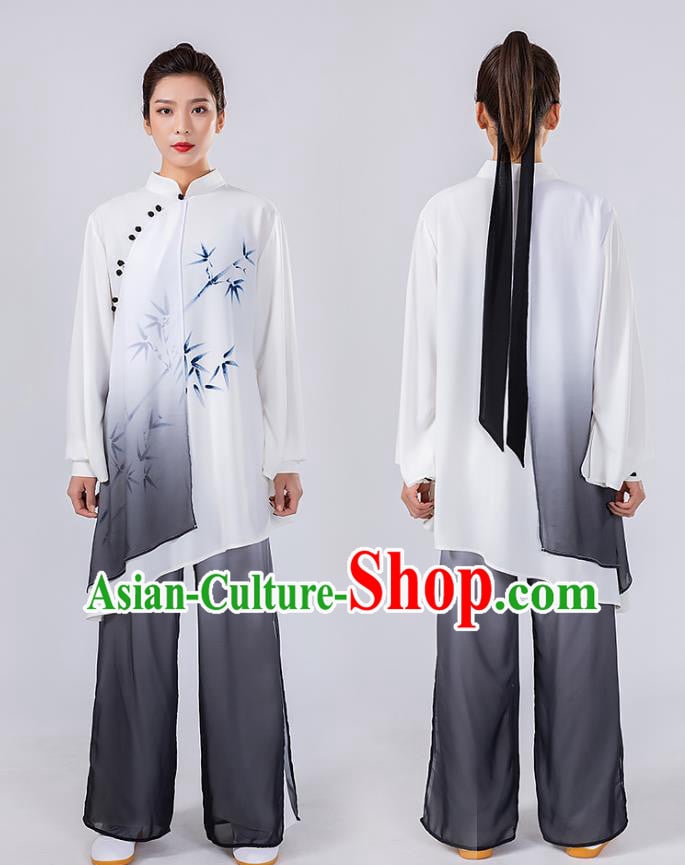 China Traditional Tai Chi Performance Costumes Woman Wushu Hand Painting Bamboo Uniforms China Traditional Tai Chi Performance Costumes Woman Wushu Hand Painting Bamboo Uniforms