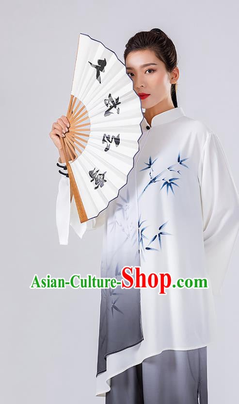 China Traditional Tai Chi Performance Costumes Woman Wushu Hand Painting Bamboo Uniforms China Traditional Tai Chi Performance Costumes Woman Wushu Hand Painting Bamboo Uniforms