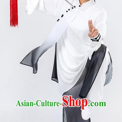 China Woman Kung Fu Wushu Grey Chiffon Uniforms Traditional Tai Chi Competition Clothing