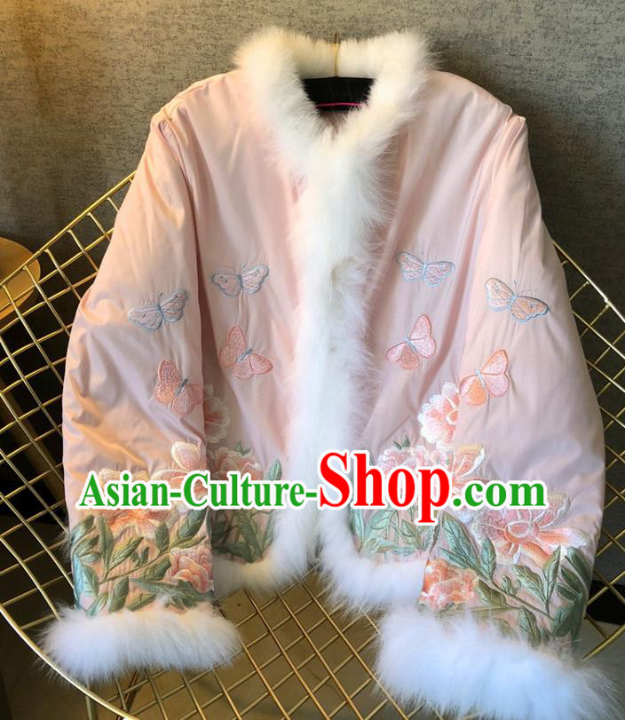 China Traditional Tang Suit Outer Garment Winter Woman Embroidered Pink Cotton Padded Jacket China Traditional Tang Suit Outer Garment Winter Woman Embroidered Pink Cotton Padded Jacket