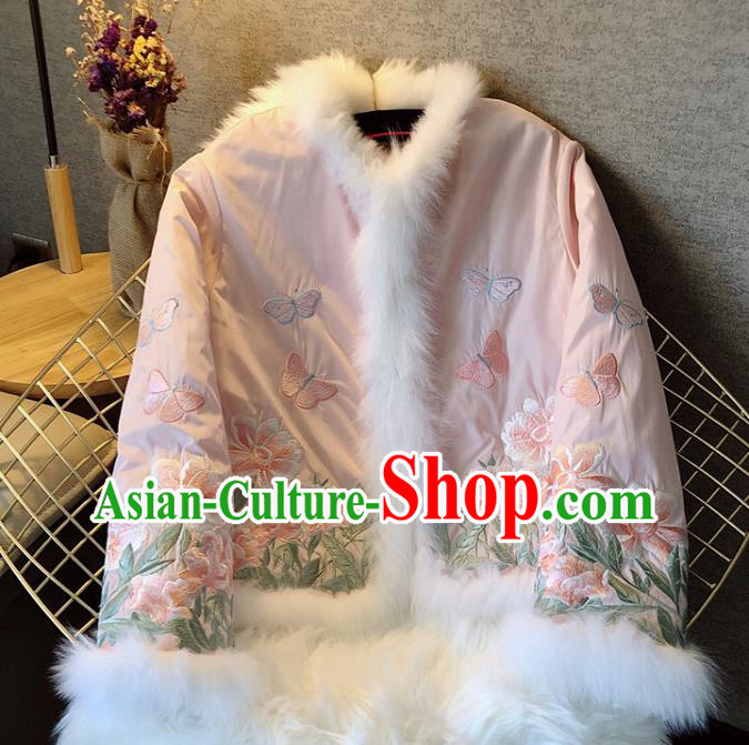China Traditional Tang Suit Outer Garment Winter Woman Embroidered Pink Cotton Padded Jacket China Traditional Tang Suit Outer Garment Winter Woman Embroidered Pink Cotton Padded Jacket