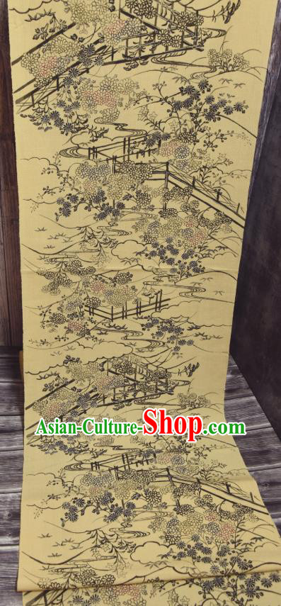 Asian Japan Brocade Tapestry Traditional Japanese Kimono Chrysanthemum Pattern Yellow Silk Fabric Asian Japan Brocade Tapestry Traditional Japanese Kimono Chrysanthemum Pattern Yellow Silk Fabric