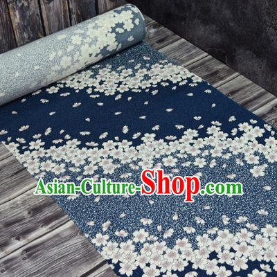 Asian Japan Sakura Pattern Brocade Tapestry Traditional Japanese Kimono Navy Silk Fabric