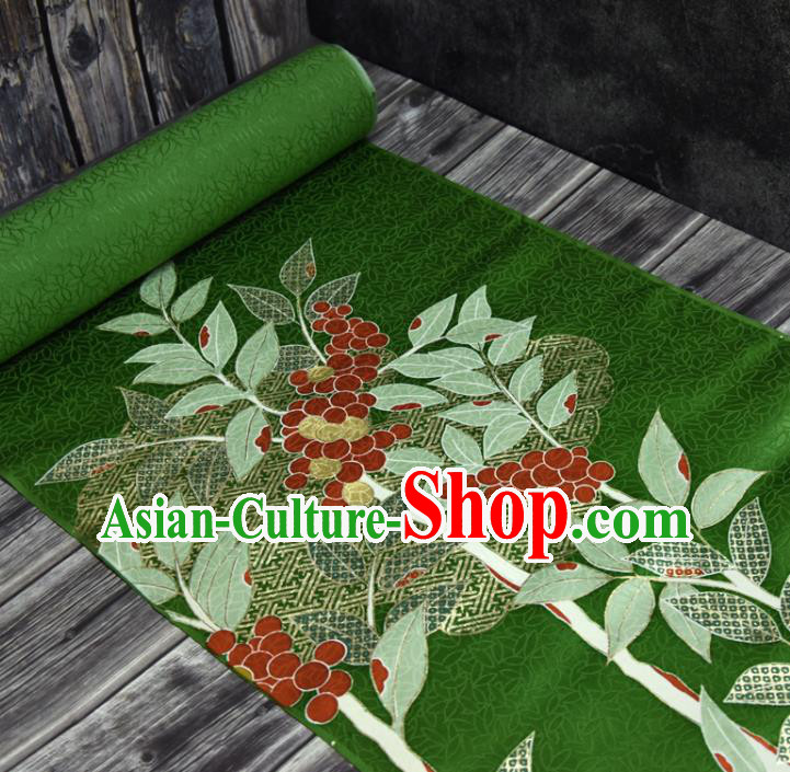 Japanese Kimono Green Silk Fabric Gold Blocking Leaf Pattern Qipao Dress Cloth Japanese Kimono Green Silk Fabric Gold Blocking Leaf Pattern Qipao Dress Cloth