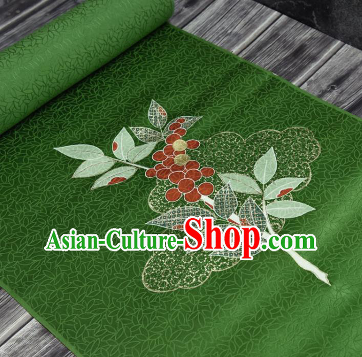 Japanese Kimono Green Silk Fabric Gold Blocking Leaf Pattern Qipao Dress Cloth Japanese Kimono Green Silk Fabric Gold Blocking Leaf Pattern Qipao Dress Cloth