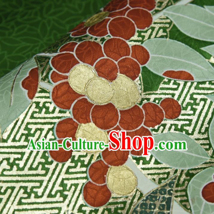 Japanese Kimono Green Silk Fabric Gold Blocking Leaf Pattern Qipao Dress Cloth Japanese Kimono Green Silk Fabric Gold Blocking Leaf Pattern Qipao Dress Cloth