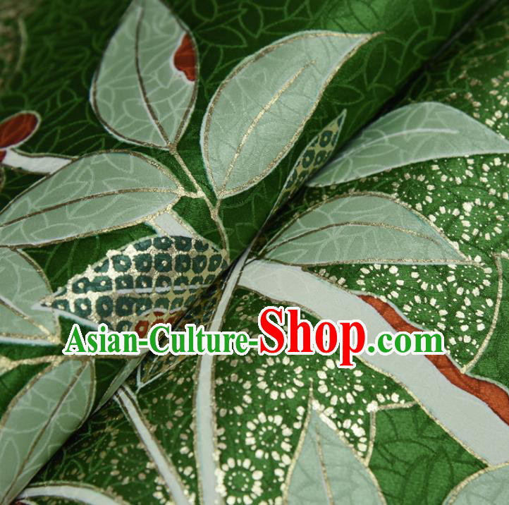 Japanese Kimono Green Silk Fabric Gold Blocking Leaf Pattern Qipao Dress Cloth Japanese Kimono Green Silk Fabric Gold Blocking Leaf Pattern Qipao Dress Cloth
