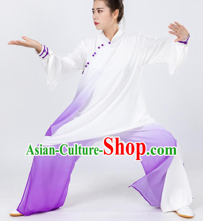 China Traditional Kung Fu Wushu Clothing Woman Tai Chi Competition Purple Chiffon Uniforms China Traditional Kung Fu Wushu Clothing Woman Tai Chi Competition Purple Chiffon Uniforms