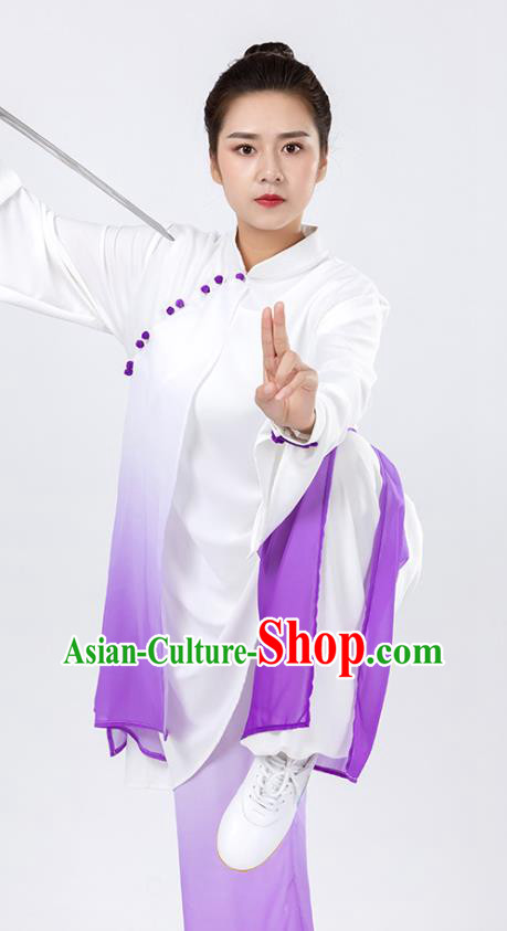 China Traditional Kung Fu Wushu Clothing Woman Tai Chi Competition Purple Chiffon Uniforms China Traditional Kung Fu Wushu Clothing Woman Tai Chi Competition Purple Chiffon Uniforms