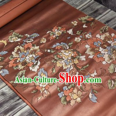 Traditional Japanese Classical Flowers Pattern Silk Fabric Asian Japan Kimono Belt Brownish Red Brocade Material
