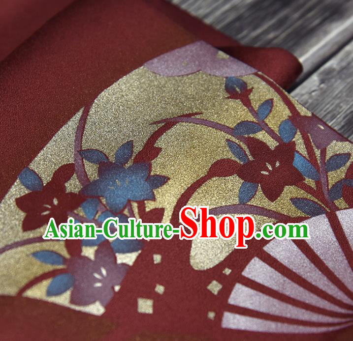 Traditional Japanese Fan Pattern Pure Silk Fabric Asian Japan Kimono Wine Red Brocade Material Traditional Japanese Fan Pattern Pure Silk Fabric Asian Japan Kimono Wine Red Brocade Material