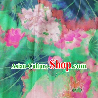 Asian China Lotus Pattern Green Brocade Fabric Traditional Cheongsam Silk Gambiered Guangdong Gauze