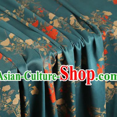 Asian China Traditional Cheongsam Gambiered Guangdong Gauze Cloth Classical Printing Flowers Pattern Lake Blue Silk Fabric