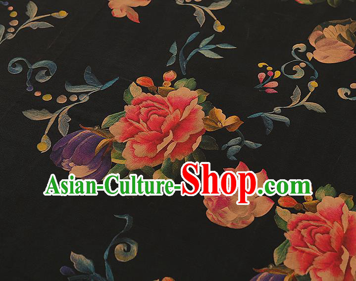 Asian China Classical Peony Pattern Black Silk Fabric Traditional Brocade Cheongsam Gambiered Guangdong Gauze Asian China Classical Peony Pattern Black Silk Fabric Traditional Brocade Cheongsam Gambiered Guangdong Gauze